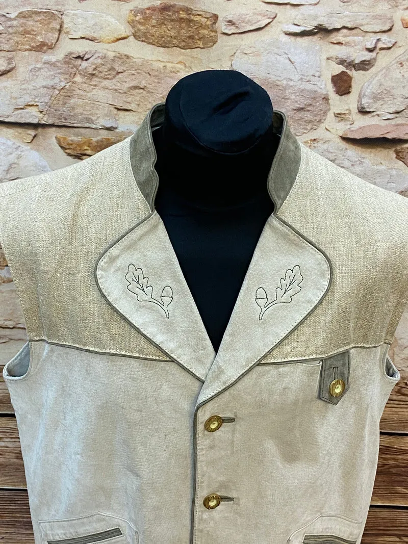 Trachtenweste Leinen Leder beige Vintage mit Stickerei