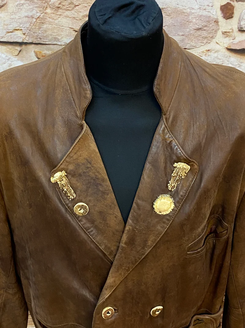 Trachtenjacke Herren Leder braun Vintage mit Stickerei & Hirschhornknöpfen Gr. 50
