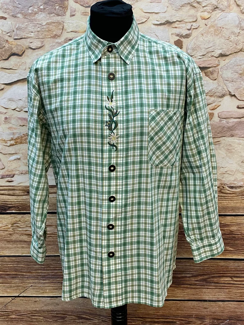 Vintage Trachtenhemd Herren grün kariert Edelweiß Stickerei Größe 41