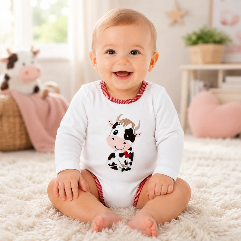 BONDI Baby Langarm Body "Kuh" 93773 | Offwhite Weiß