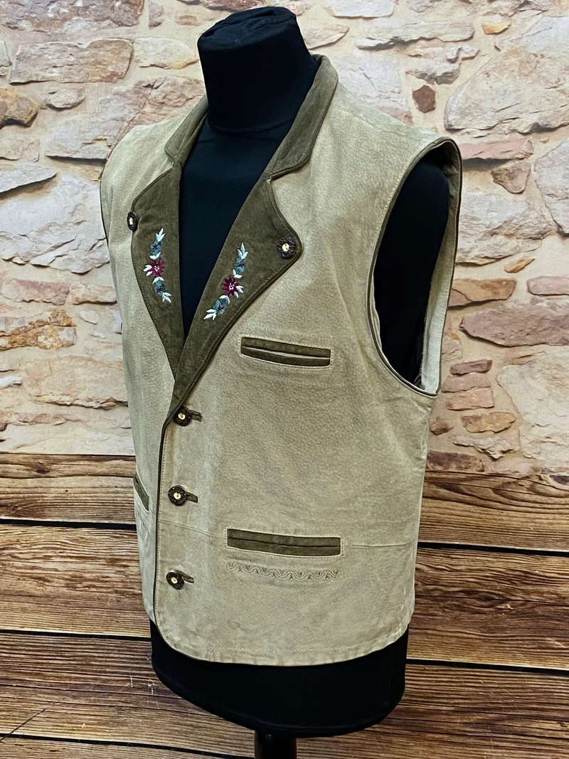 Vintage Trachtenweste Leder Beige mit Stickerei – Gr. 52