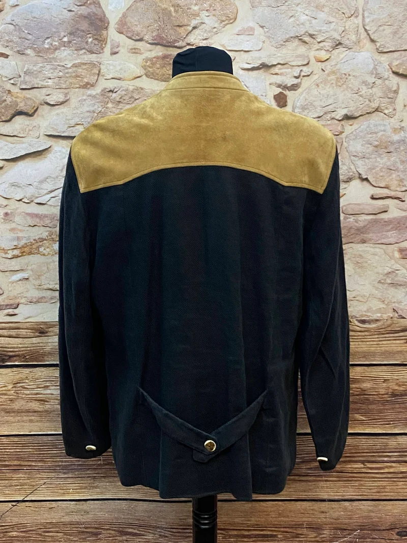 Vintage Trachten Lederjacke Herren Schwarz Braun mit Stickerei – Größe 50