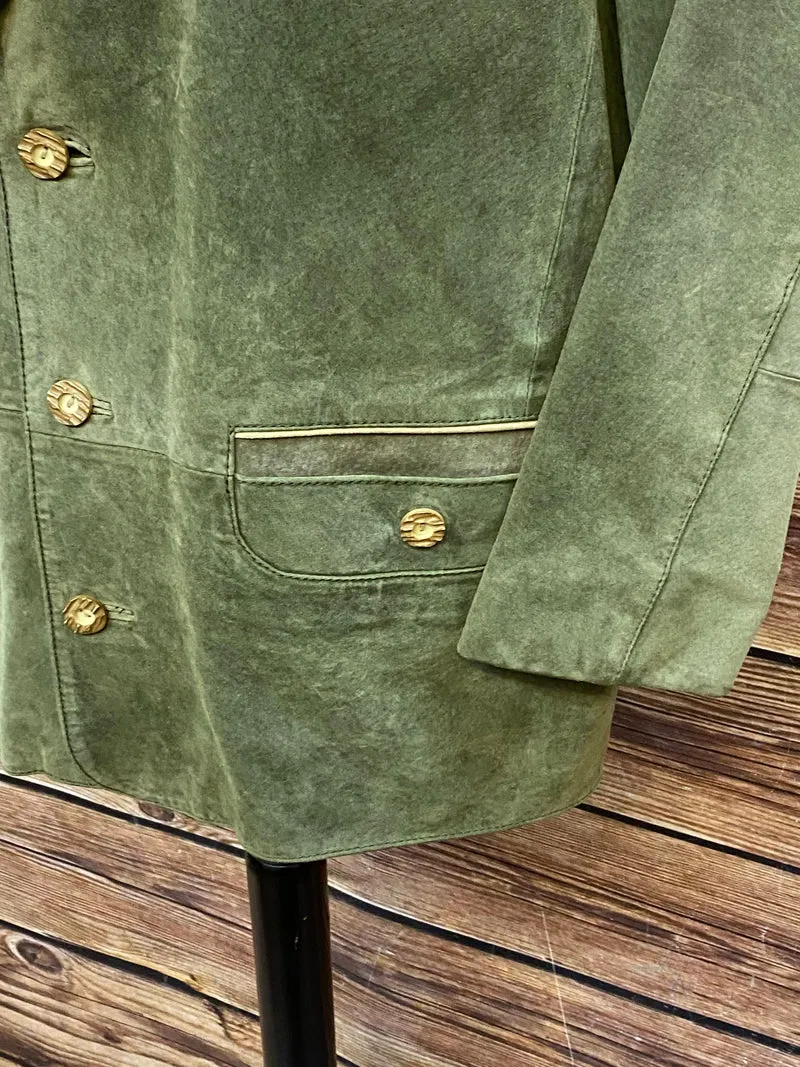 Vintage Trachten Lederjacke Herren Oliv Beige Zweifarbig – Größe 24