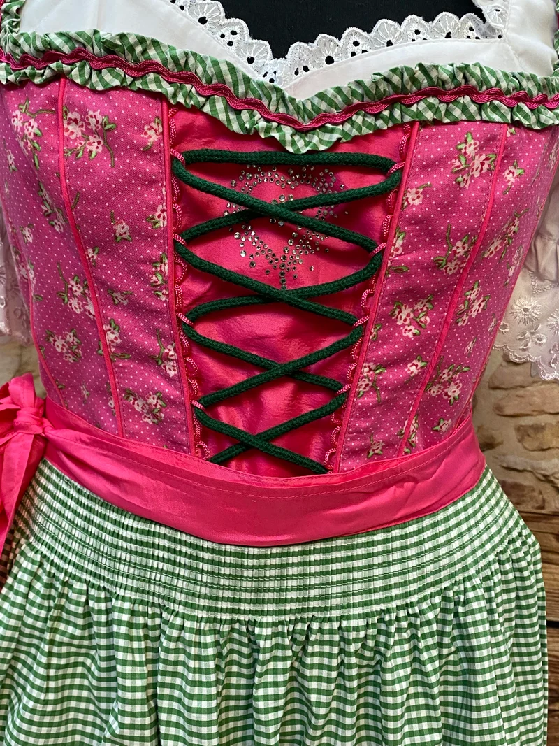 Vintage Dirndl Set Pink-Grün Gr. 42 – Bluse & Schürze