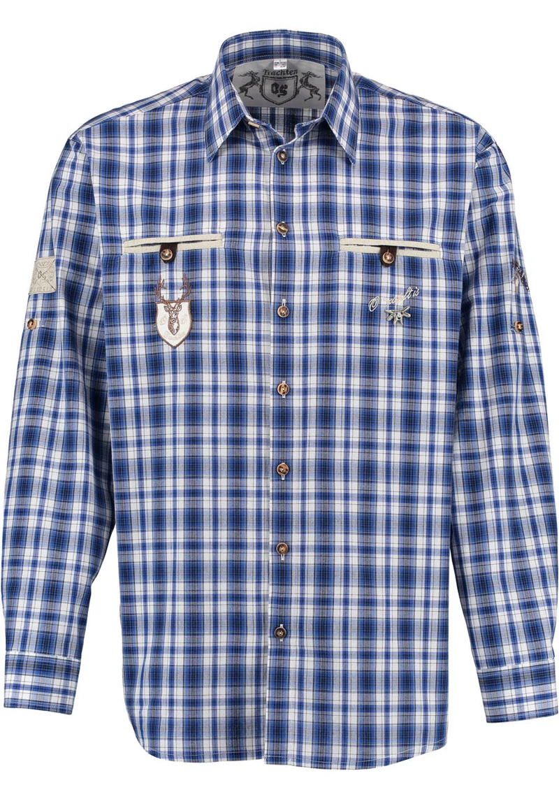 OS Trachten Men's Long Sleeve Regular Fit Shirt "Bruce" blue