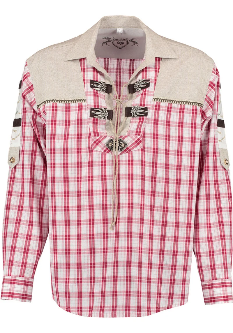 OS Trachten Men's Long Sleeve Regular Fit Shirt "Alpenwald" red