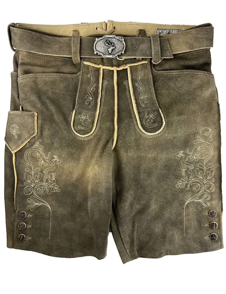 Buchberger Kurze Lederhose "Schorsch 1" mit Gürtel | Ziegenvelours Granit