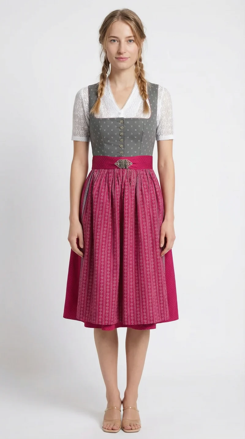 Berwin Long Dirndl 2pcs. 75cm "Nina" Gray/Red