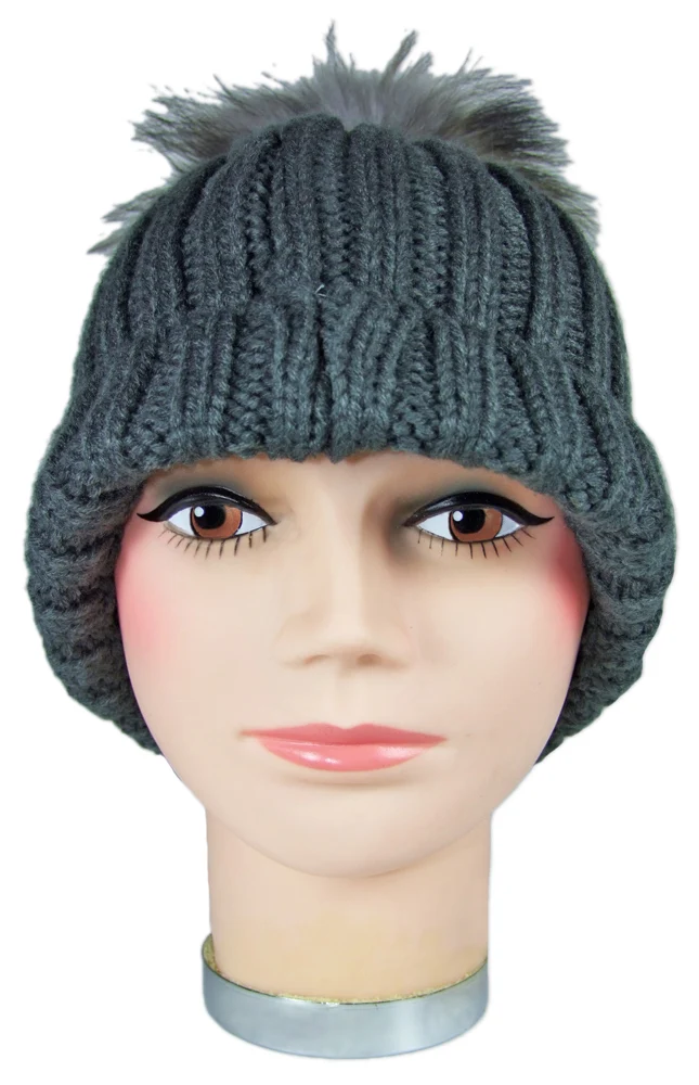 Damen Beanie Strickmütze mit Fellbommel - Dunkelgrau