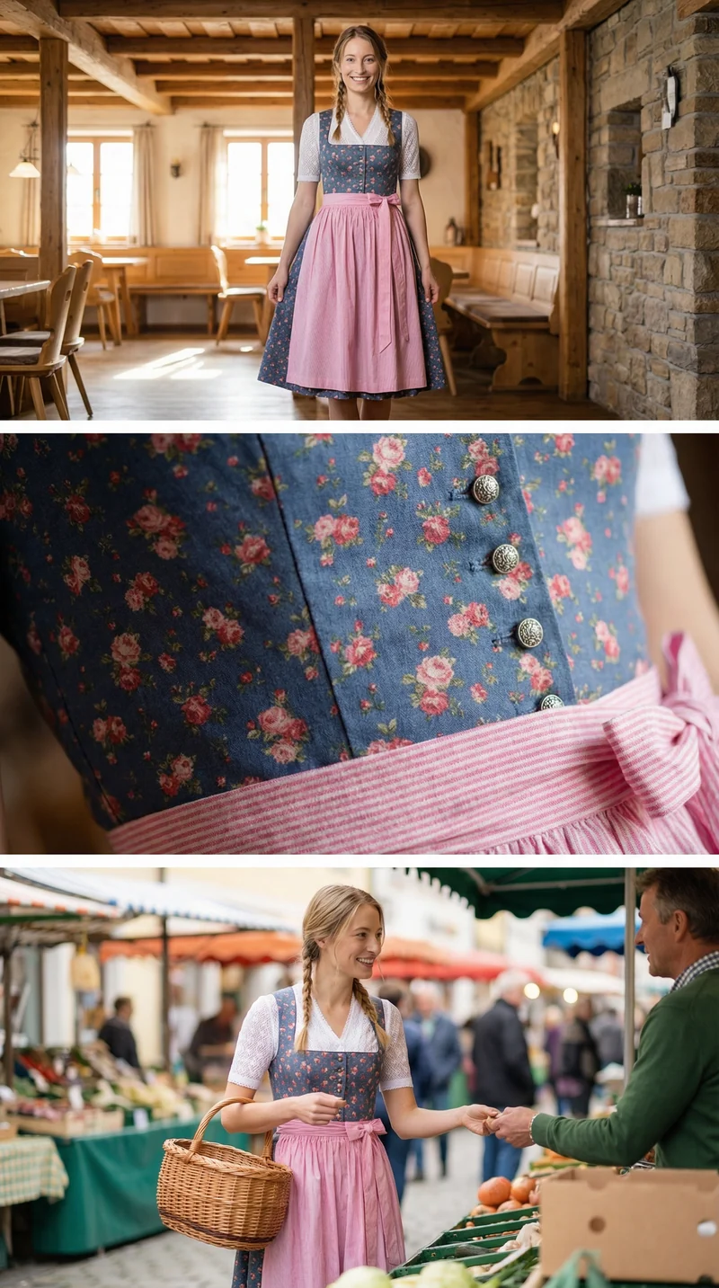 Berwin Long Dirndl 2pcs. 70cm "Daisey" rose/blue