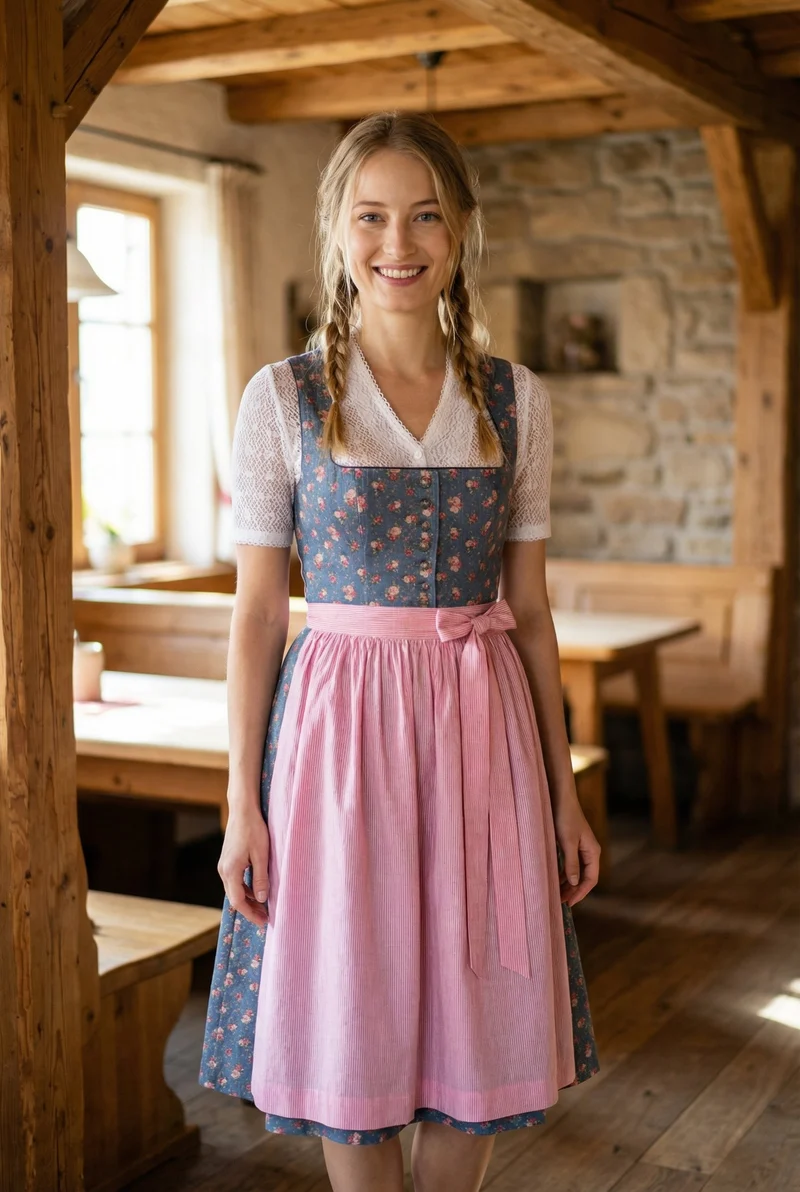 Berwin Long Dirndl 2pcs. 70cm "Daisey" rose/blue