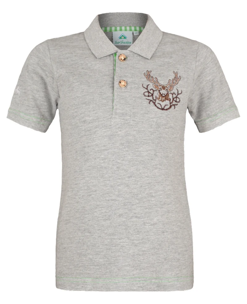 Isar-Trachten Kinder Poloshirt "Benjamin" mit Hirschstickerei | Grau