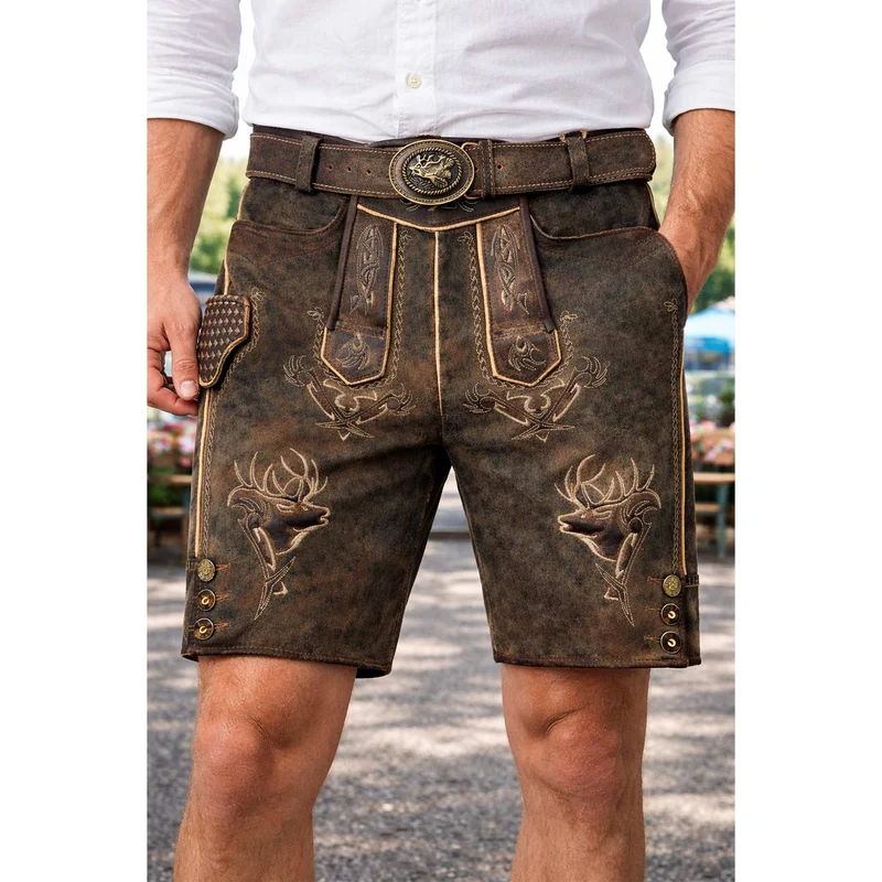 MADDOX Kurze Lederhose "Urgsee" mit Hirschstickerei | Antik Coffee