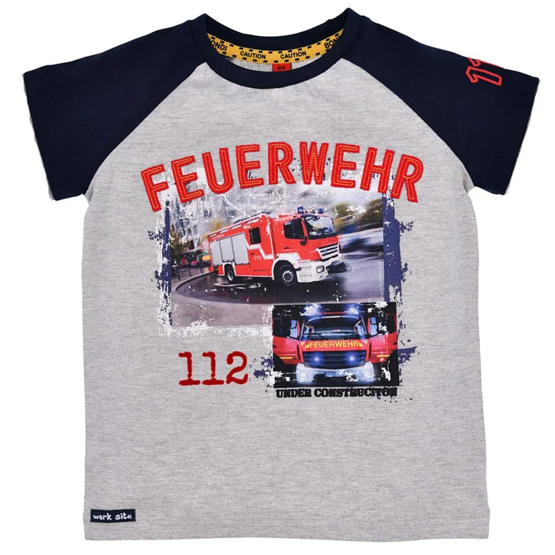BONDI Jungen Kurzarm T-Shirt "Feuerwehr" 33148 | Grau Melange