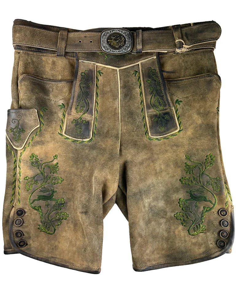 MADDOX Kurze Lederhose "Rothsee" mit Gürtel | Antik Zirbe - Grüne Stickerei