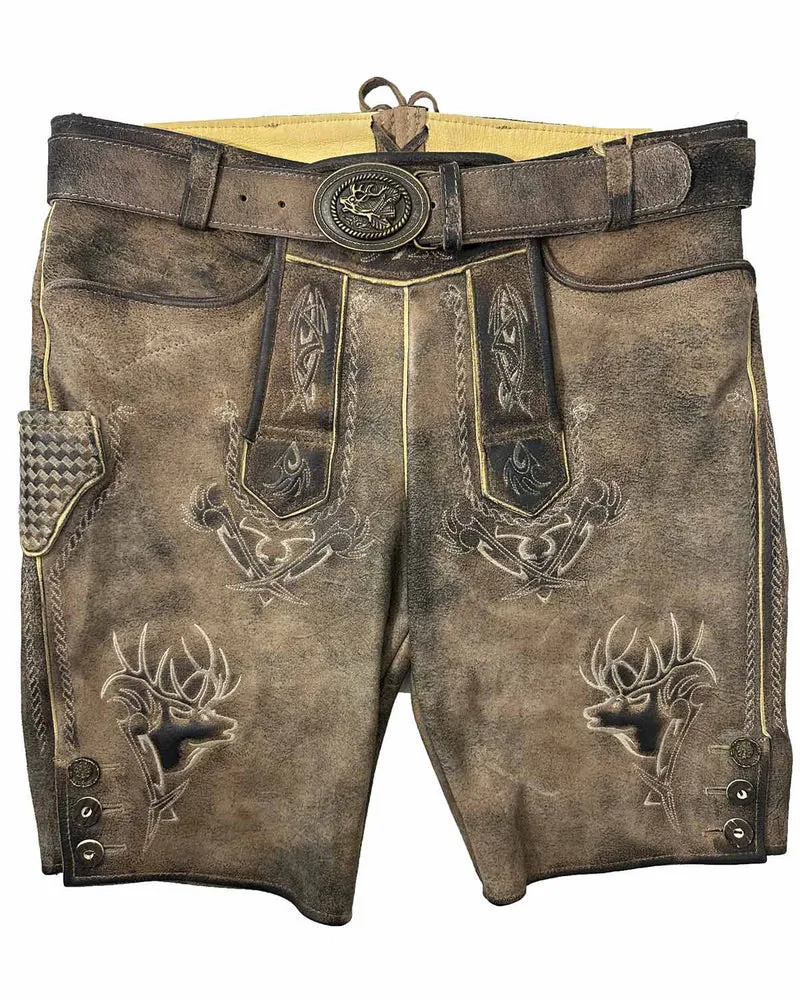 MADDOX Kurze Lederhose "Urgsee" mit Hirschstickerei | Antik Bernstein