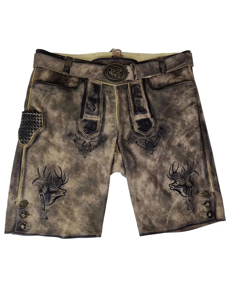 MADDOX Kurze Lederhose "Urgsee" mit Hirschstickerei | Marmor