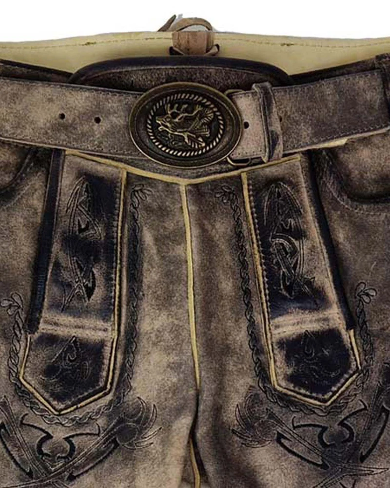 MADDOX Kurze Lederhose "Urgsee" mit Hirschstickerei | Marmor