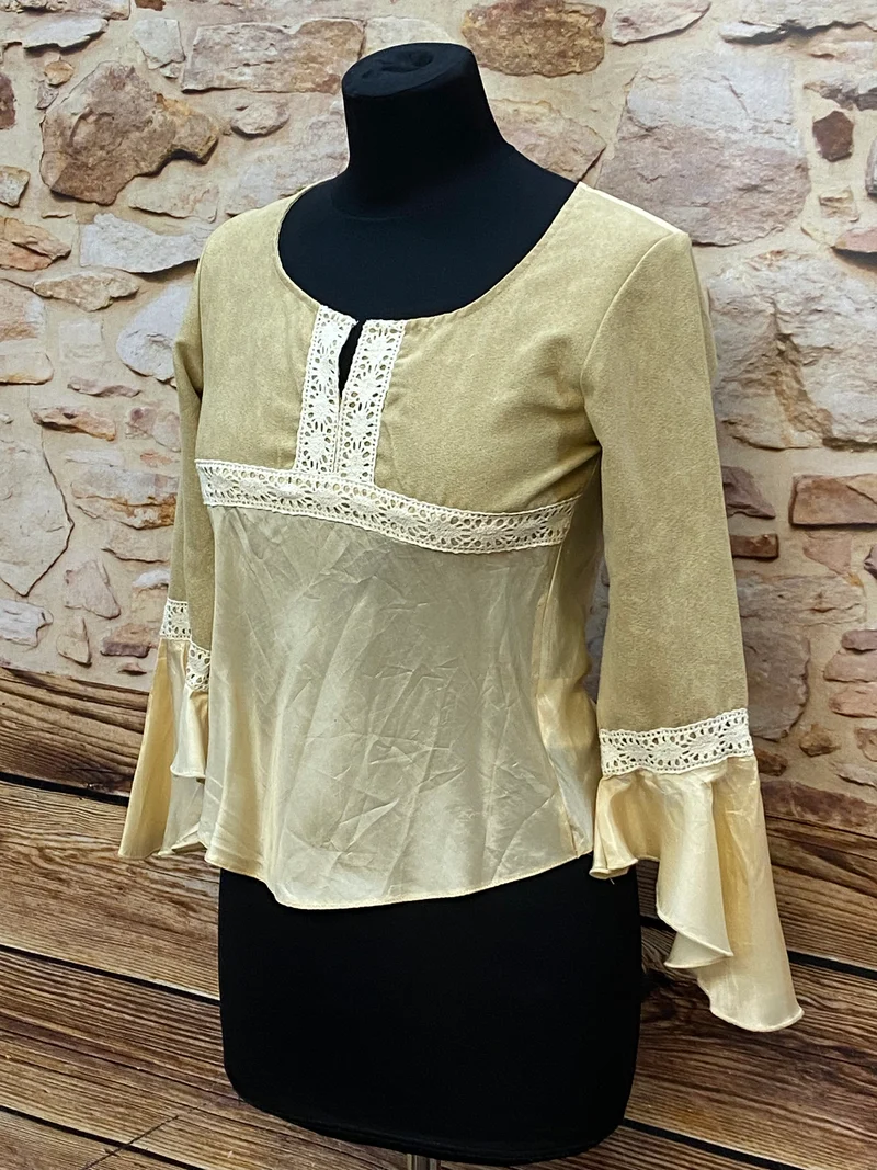 Elegantes Landhaus Oberteil Damen Creme Gold Gr. 34 mit Spitze