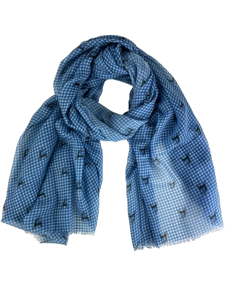 Trachten Halstuch Schal Kariert mit Hirschmotiv 185 x 70 cm | Jeansblau
