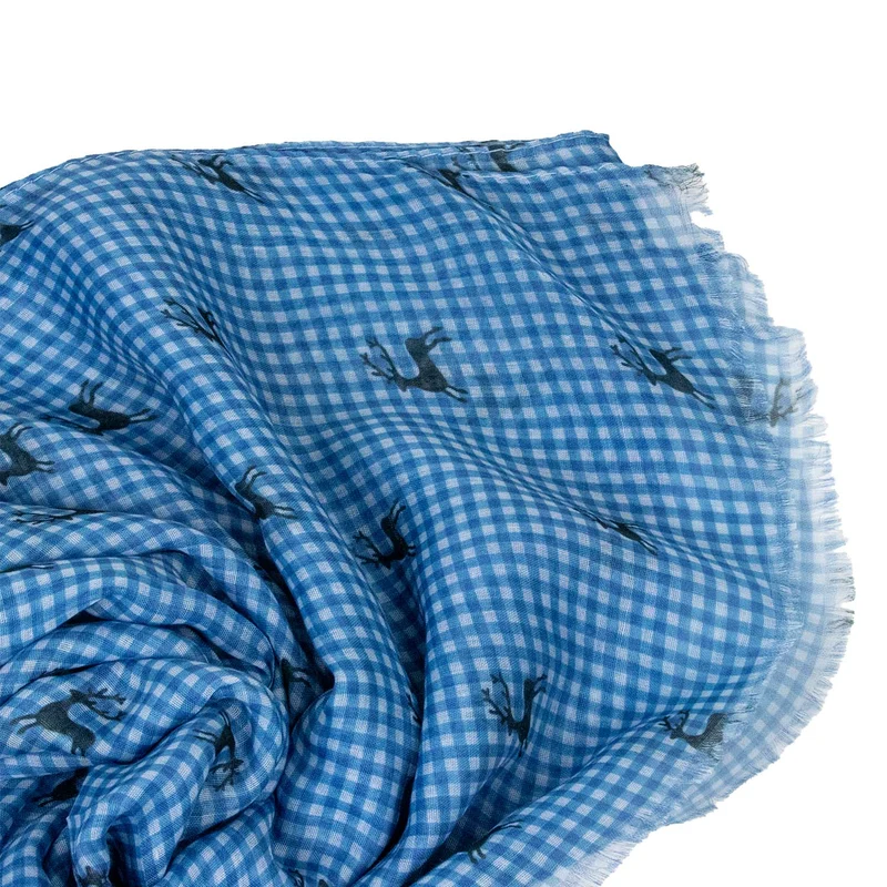 Trachten Halstuch Schal Kariert mit Hirschmotiv 185 x 70 cm | Jeansblau