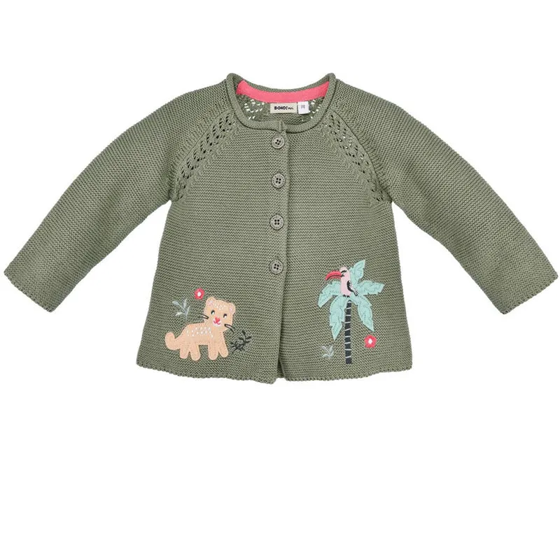 BONDI Baby Mädchen Strickjacke "Jungle" mit Stickereien 86604 | Olivgrün