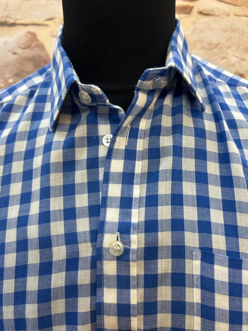 Vintage Herrenhemd blau weiß kariert Kent-Kragen Gr. 40