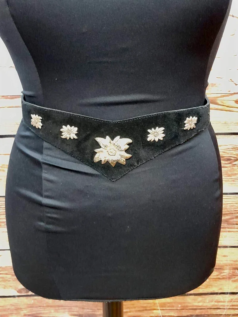 Trachtenledergürtel - Damen - Schwarz mit Edelweißapplikationen, Gr.XL