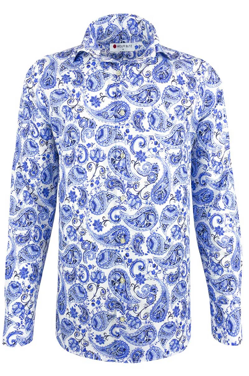 Delft Blue Paisley Printed Long Sleeve Men's Shirt