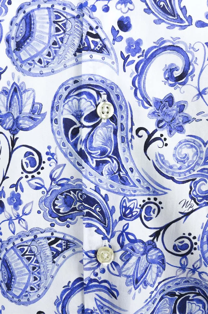 Delft Blue Paisley Printed Long Sleeve Men's Shirt