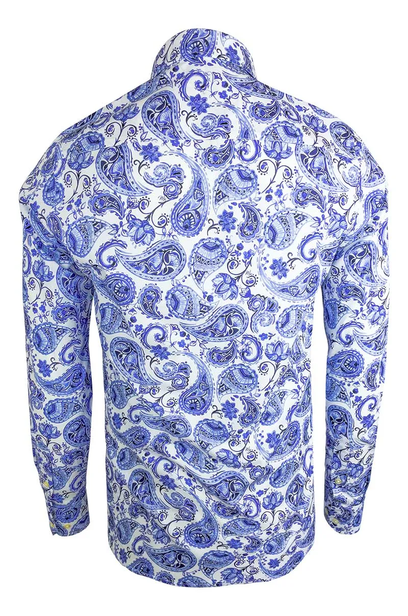 Delft Blue Paisley Printed Long Sleeve Men's Shirt