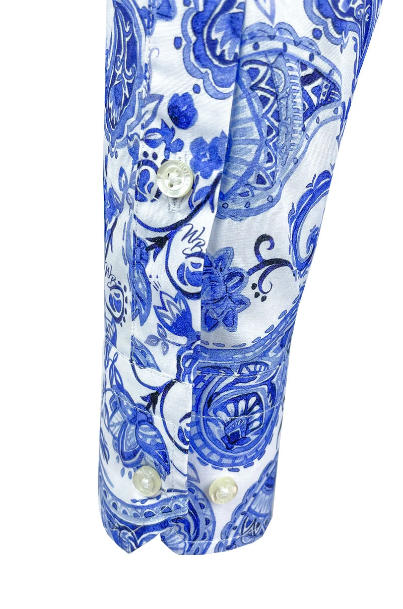 Delft Blue Paisley Printed Long Sleeve Men's Shirt