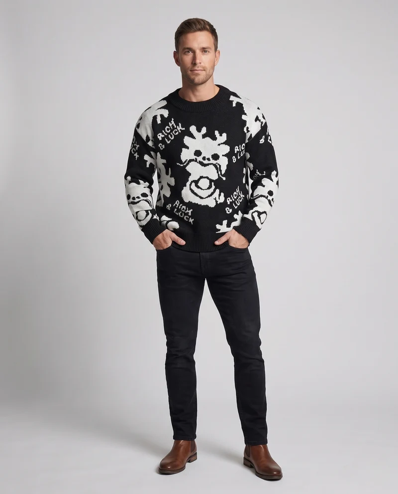 Herren Gestrickter Oversize-Pullover mit Fleece-Innenfutter und Jacquard-Motiv Nord Taschen