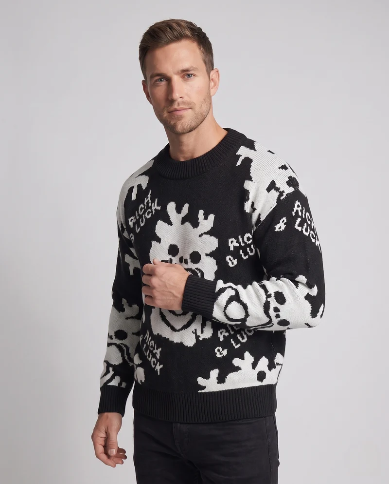 Herren Gestrickter Oversize-Pullover mit Fleece-Innenfutter und Jacquard-Motiv Nord Taschen