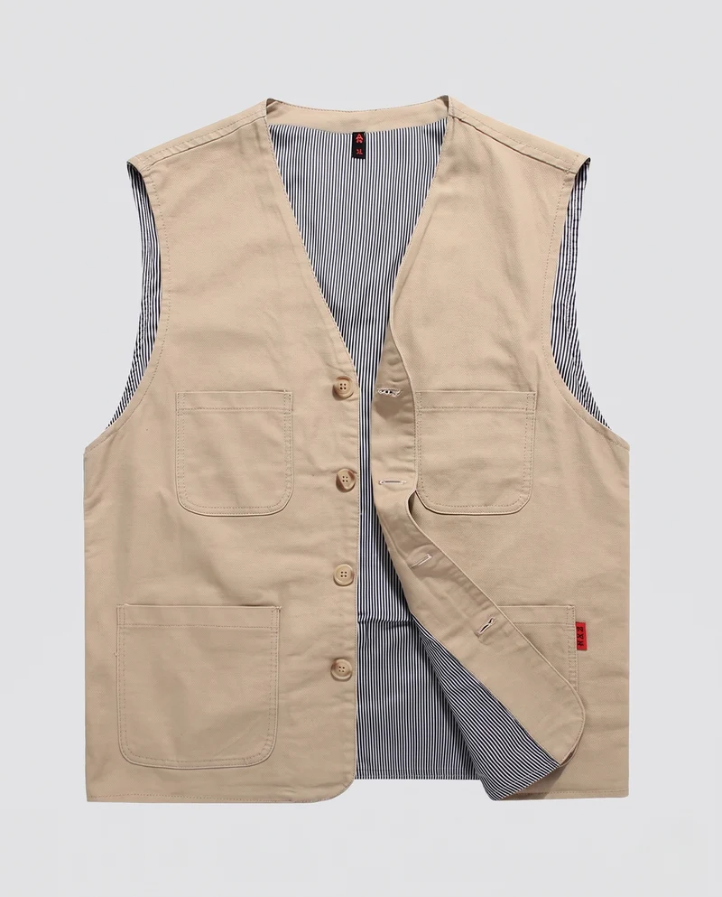 Herren Utility-Weste mit Baumwollcanvas, gestreiftem Innenfutter und aufgesetzten Taschen Nord Taschen