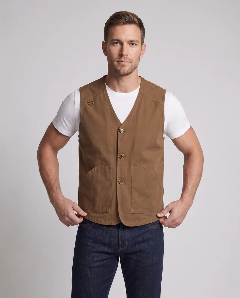 Herren Utility-Weste mit V-Ausschnitt, robustem Baumwollcanvas und karierter Innenfütterung Nord Taschen