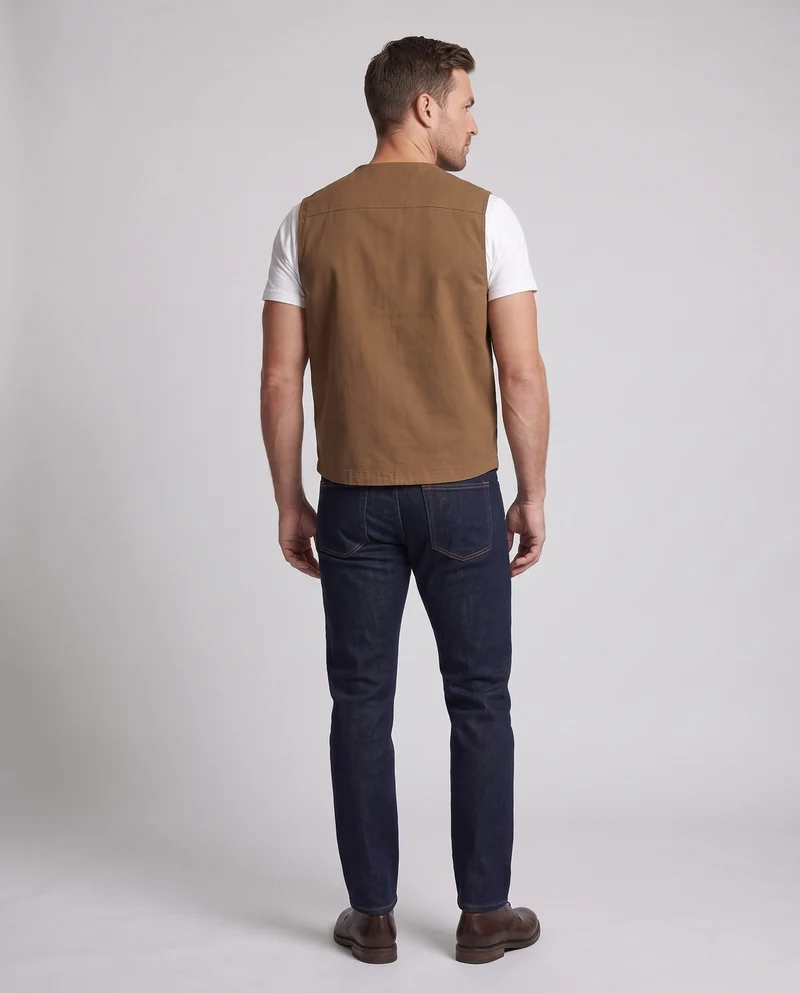 Herren Utility-Weste mit V-Ausschnitt, robustem Baumwollcanvas und karierter Innenfütterung Nord Taschen