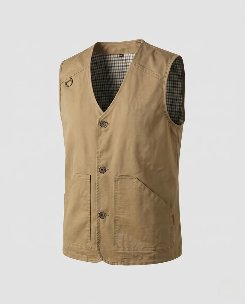 Herren Utility-Weste mit V-Ausschnitt, robustem Baumwollcanvas und karierter Innenfütterung Nord Taschen