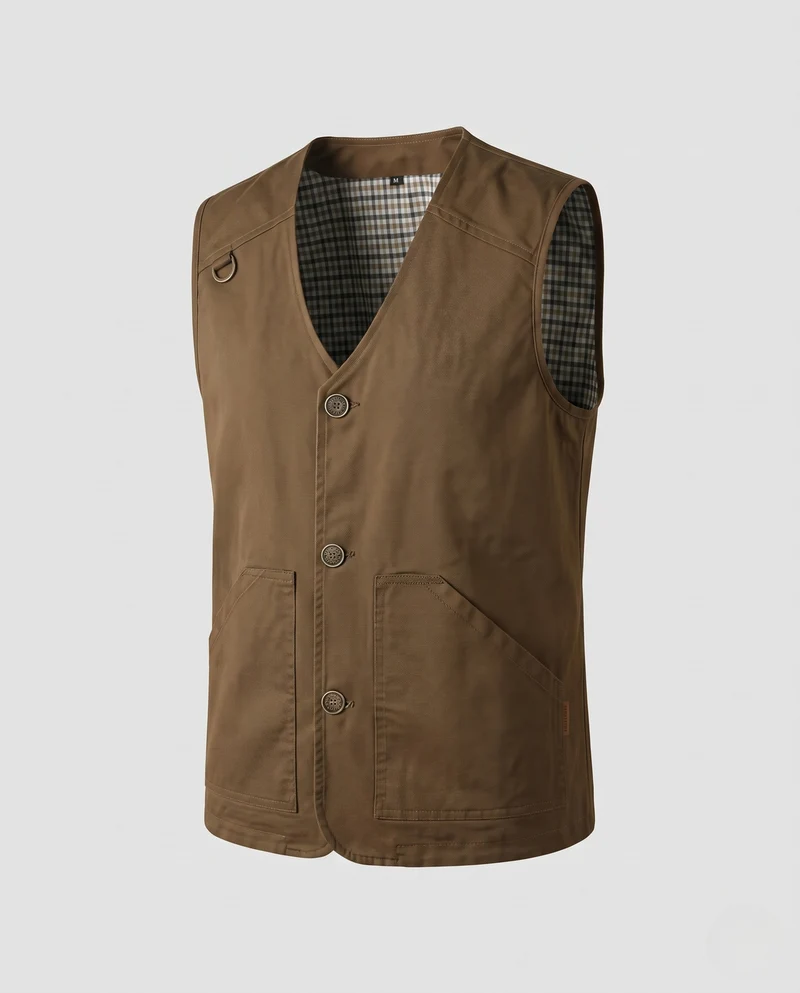 Herren Utility-Weste mit V-Ausschnitt, robustem Baumwollcanvas und karierter Innenfütterung Nord Taschen