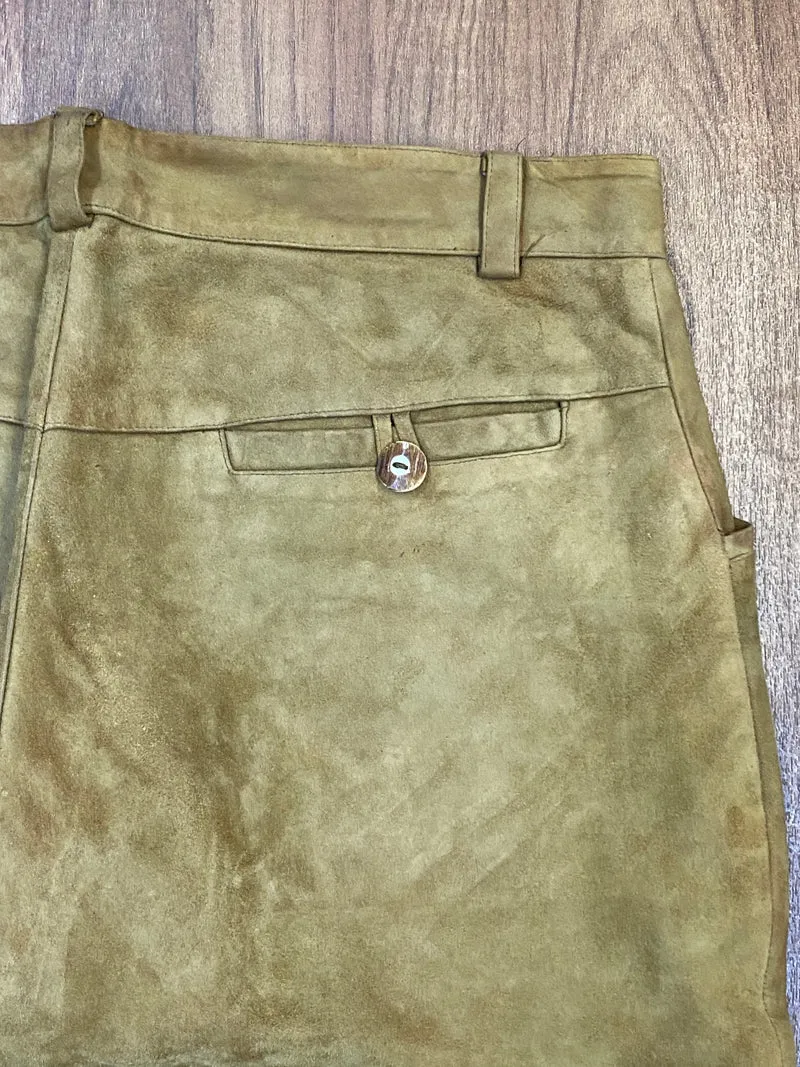 Vintage Trachten Lederhose Herren lang Echtleder Braun/Olive Gr. 52