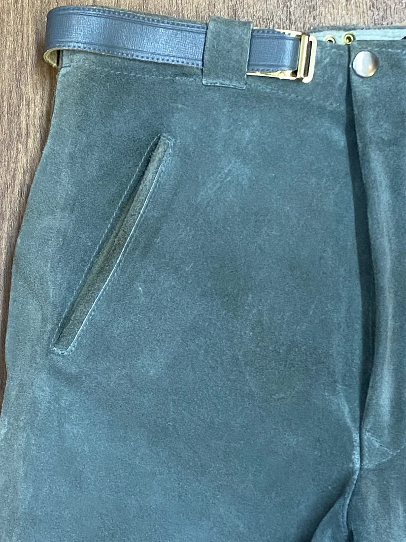 Vintage Kniebundlederhose Herren Größe 44 Graugrün Echtleder mit Gürtel