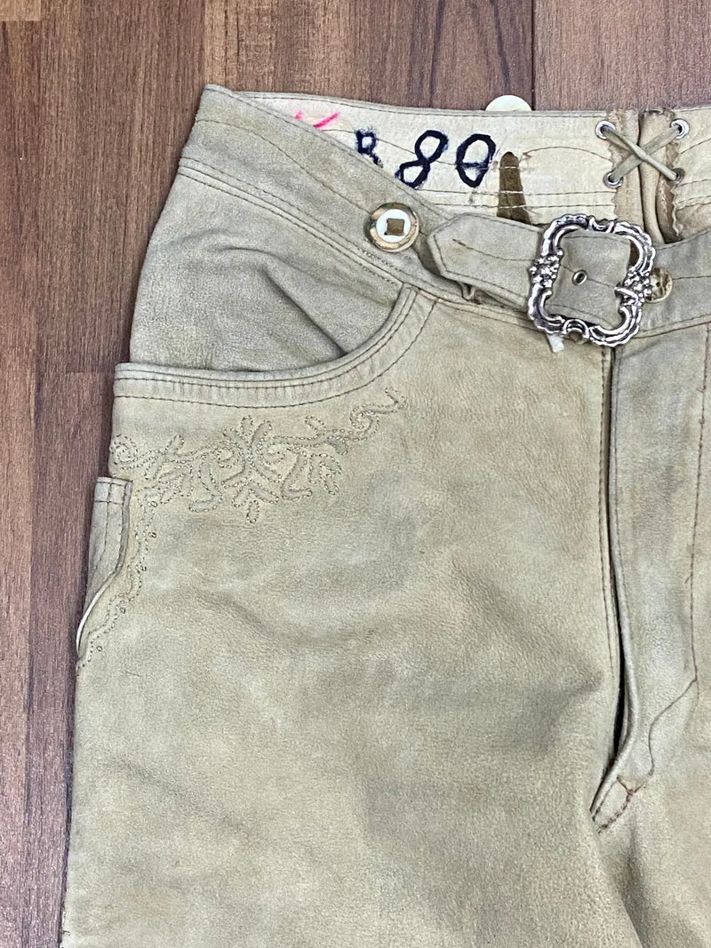 Vintage Kniebundlederhose Herren Größe 46 Beige mit Gürtel Echtleder