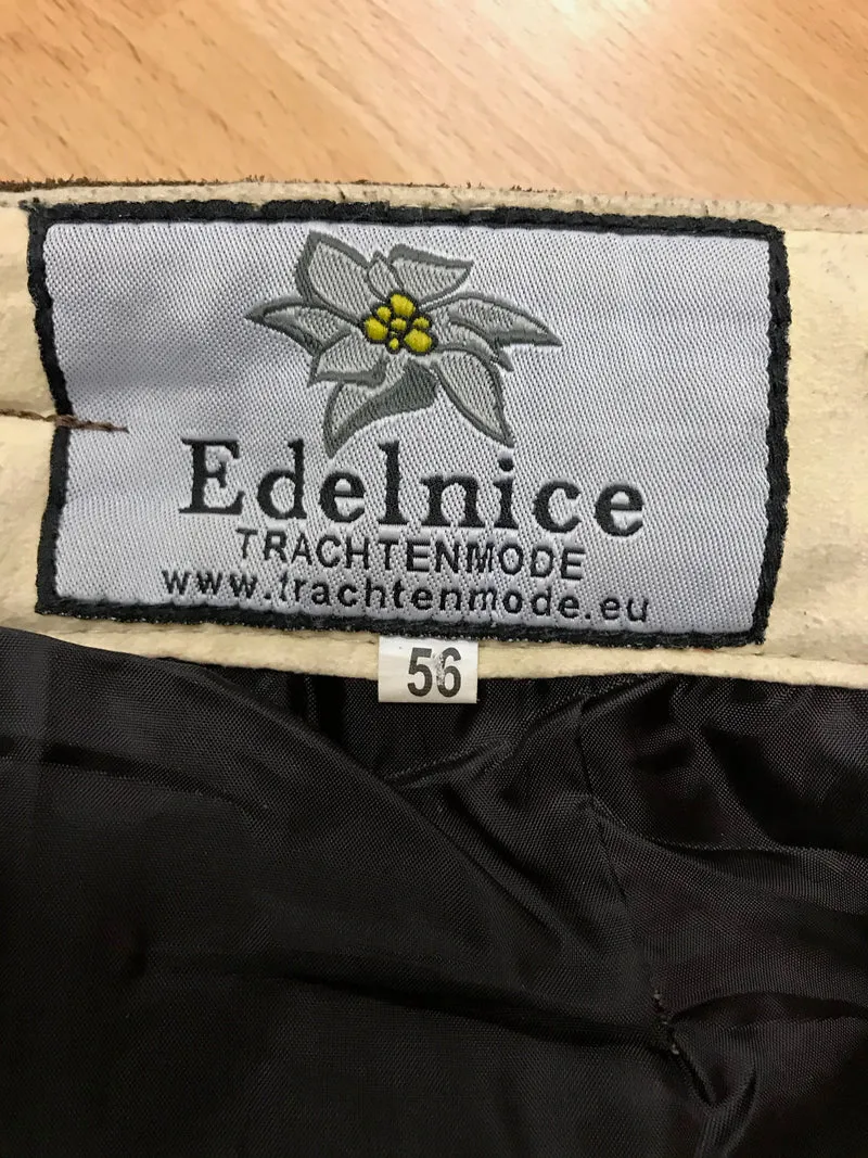 Trachtenlederhose - Kniebund - von Edelnice – Herren | Dunkelbraun | Bestickt | Bundweite 56 cm | Vintage 112 cm Gr.56