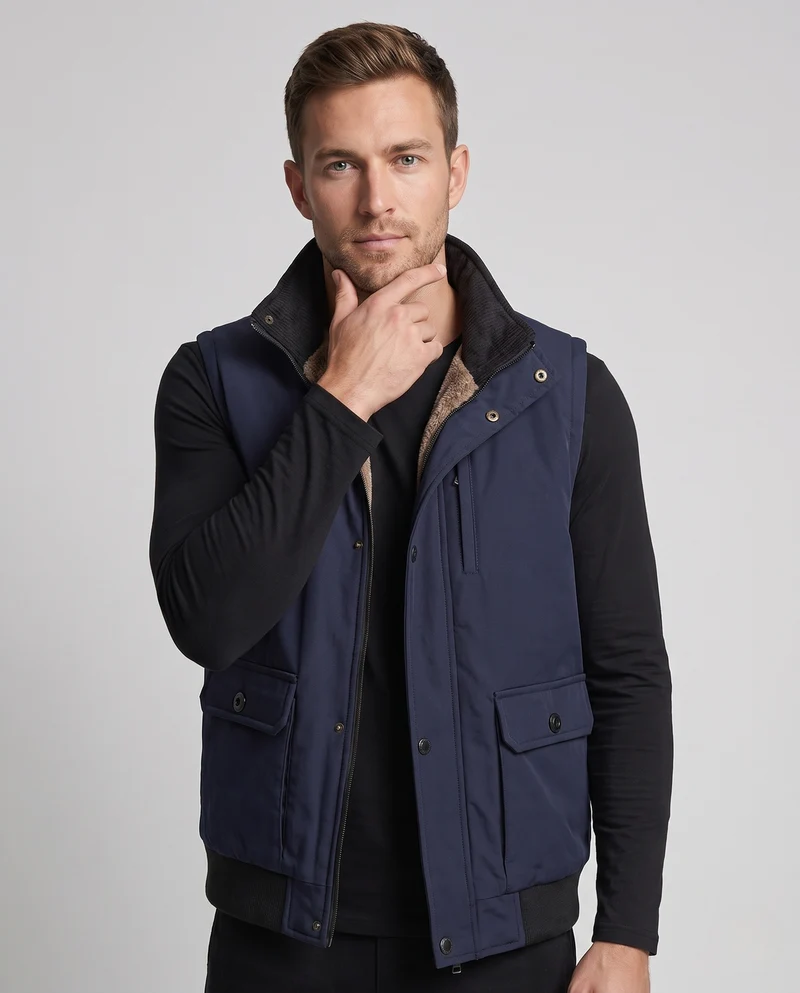 Herren Isolierte Teddyweste im Outdoor-Utility-Stil mit hohem Stehkragen und Klapptaschen Nord Taschen