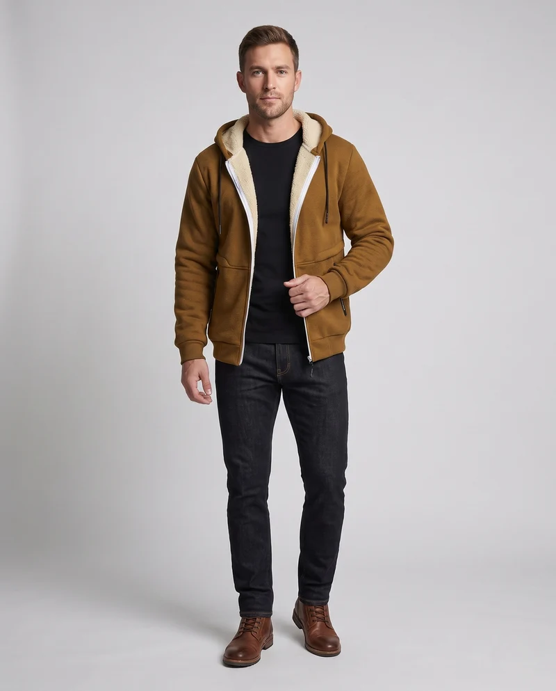 Herren Kapuzen-Fleecejacke mit Teddyfutter, durchgehendem Reißverschluss und Reißverschlusstasche Nord Taschen