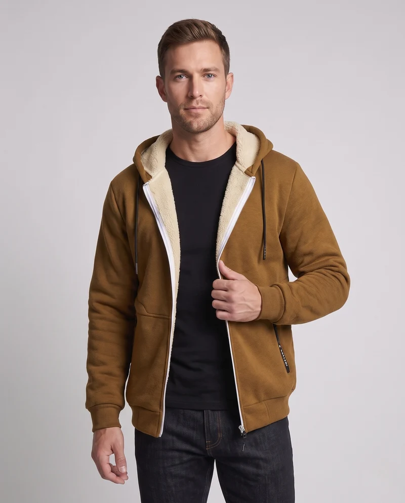 Herren Kapuzen-Fleecejacke mit Teddyfutter, durchgehendem Reißverschluss und Reißverschlusstasche Nord Taschen