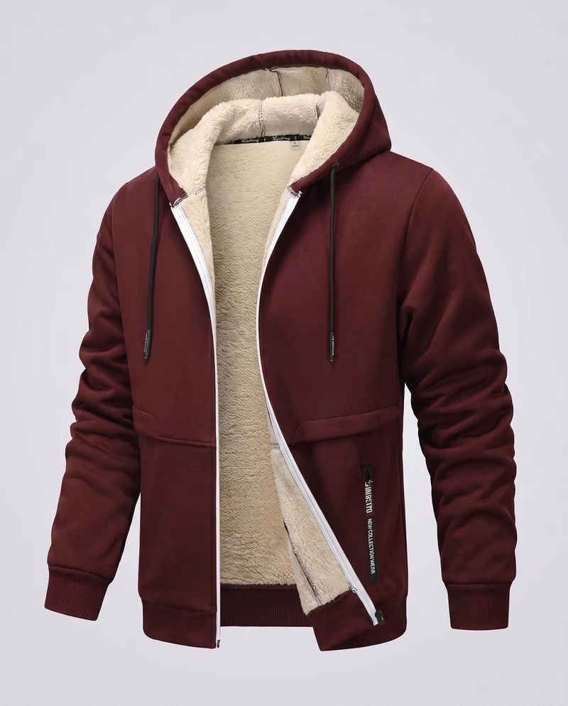 Herren Kapuzen-Fleecejacke mit Teddyfutter, durchgehendem Reißverschluss und Reißverschlusstasche Nord Taschen