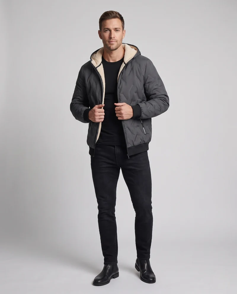 Herren Kapuzen‑Wattierte Thermo‑Bomberjacke mit Teddyfutter und winddichter Außenlage Nord Taschen