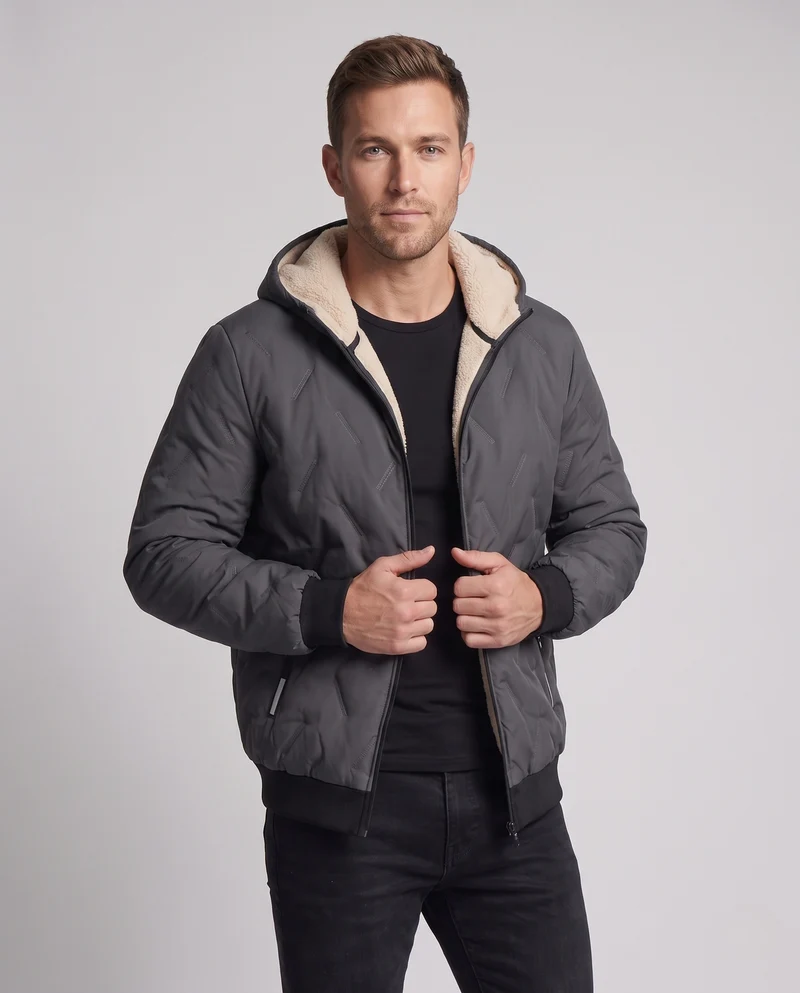 Herren Kapuzen‑Wattierte Thermo‑Bomberjacke mit Teddyfutter und winddichter Außenlage Nord Taschen