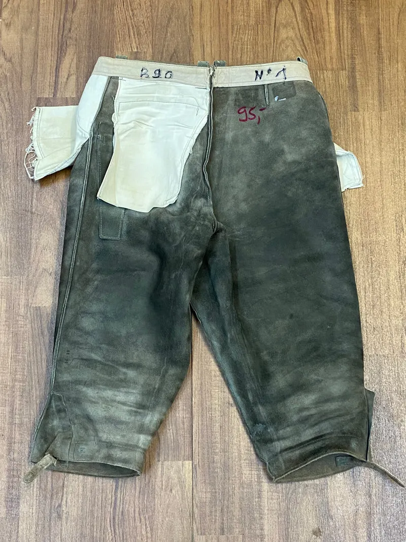 Vintage Kniebundlederhose Herren Olivgrün Echtleder Trachten Größe ca. 50